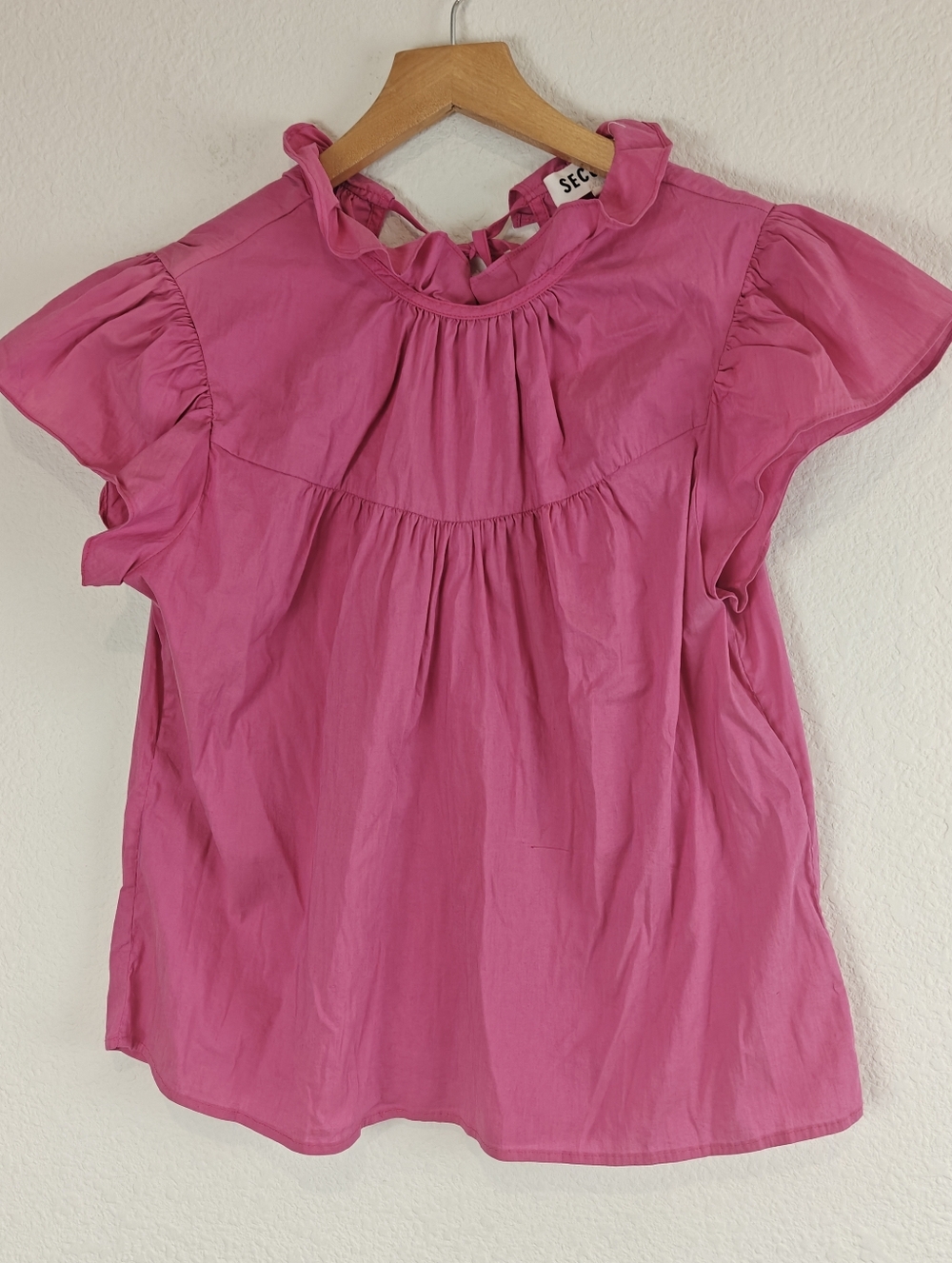 Secular Pink Ruffle Collar Flutter Sleeve Blouse Romantic Tie-Back Top XS